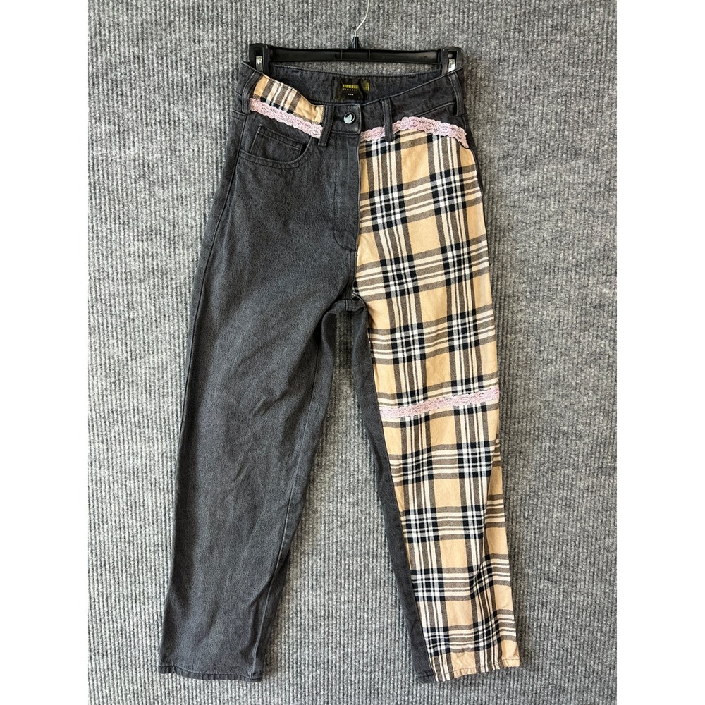 Finesse Patchwork Jeans Women Small Black Plaid Lace Straight Leg Grunge Y2K C7